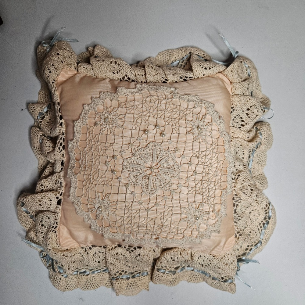 Vtg Lace Boudoir Pillow Peach Satin Crochet Doily‎ Faux Pearl Blue Ribbon Trim